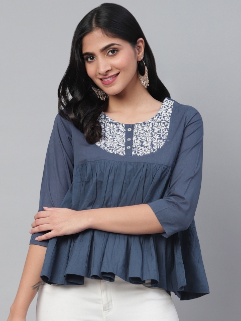 

ADA Women Navy & White Chikankari Hand Embroidered Detail Sustainable A-Line Pure Cotton Top, Navy blue