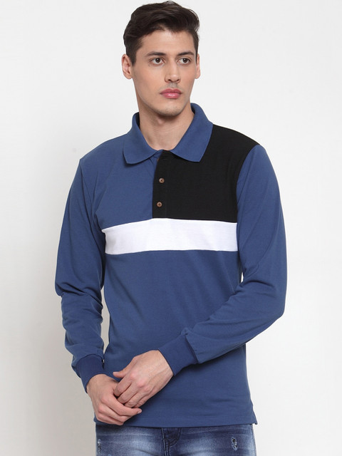 

Kalt Men Blue & Black Colourblocked Polo Collar T-shirt