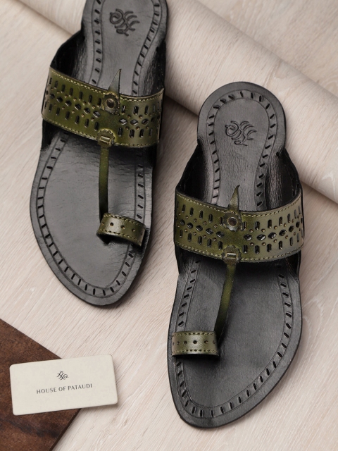 Men Olive Green Laser Cut Handcrafted Leather Kolhapuris