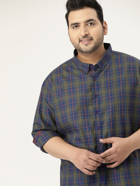 

Sztori Men Plus Size Olive Green & Navy Blue Regular Fit Checked Casual Shirt