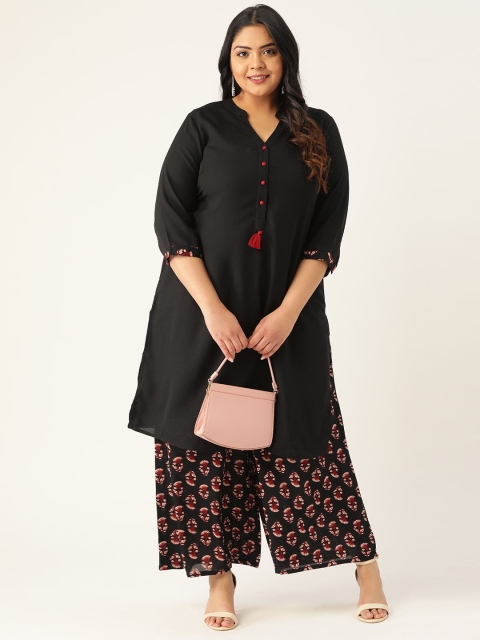 

Sztori Plus Size Women Black & Maroon Solid Kurta with Ethnic Print Palazzos