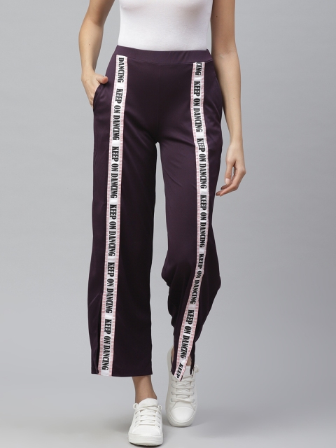 

ATRAENTA Women Aubergine & White Regular Fit Printed Taping Parallel Trousers, Purple