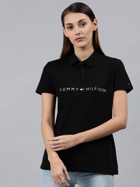 

Tommy Hilfiger Women Black Embroidered Polo Collar T-shirt