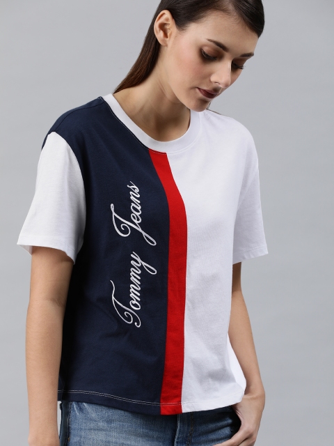 

Tommy Hilfiger Women White & Navy Blue Colourblocked Round Neck T-shirt