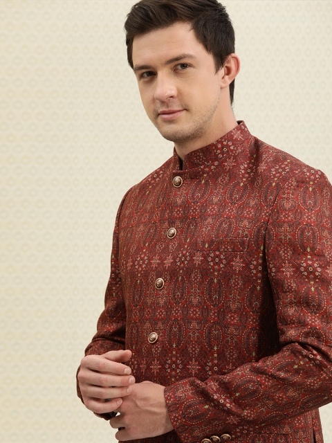 

House of Pataudi Men Maroon & Green Printed Ethnic Bandhgala Blazer