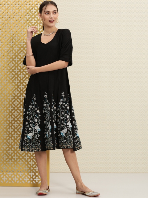 

House of Pataudi Women Black Embroidered A-Line Midi Dress