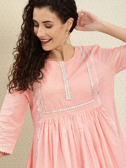 

House of Pataudi Women Pink Self Design Fit and Flare Dress