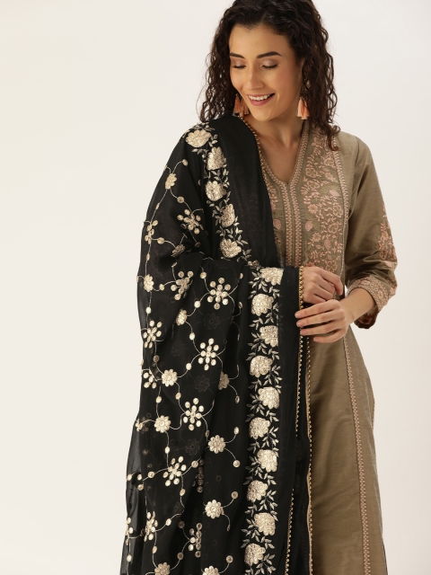 

House of Pataudi Black & Gold-Toned Gotta Embellished Dupatta