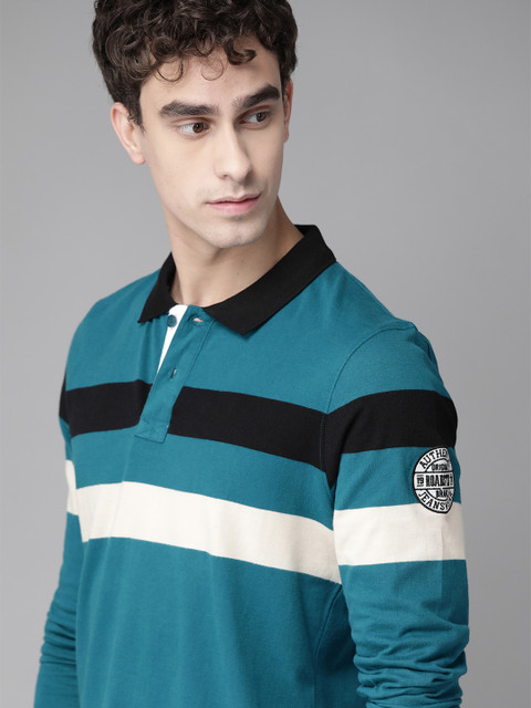

Roadster Men Blue & Off-White Striped Polo Collar Pure Cotton T-shirt