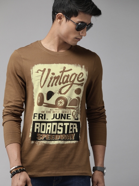 

Roadster Men Coffee Brown Brand Logo Printed Round Neck T-shirt