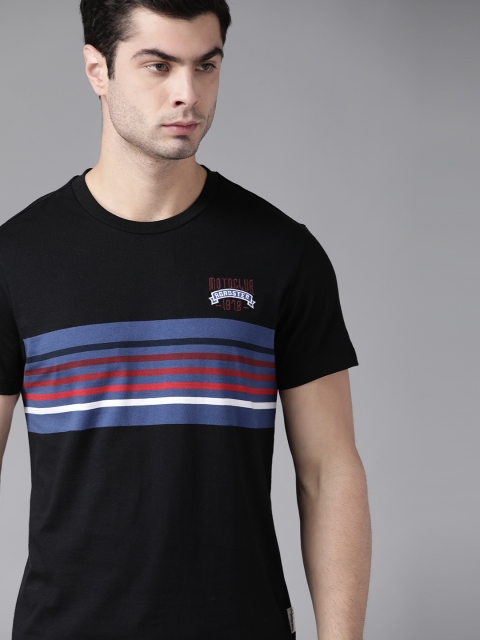 

Roadster Men Black & Blue Striped Round Neck Pure Cotton T-shirt