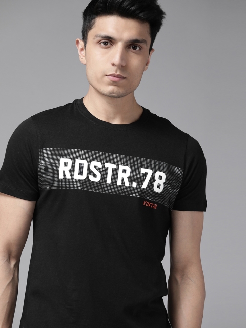 

Roadster Men Black & White Brand Logo Print Round Neck T-shirt