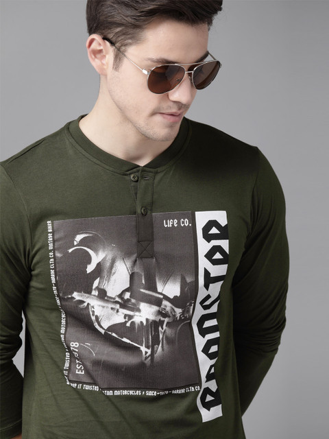 

Roadster Men Olive Green & Charcoal Grey Pure Cotton Printed Henley Neck T-shirt