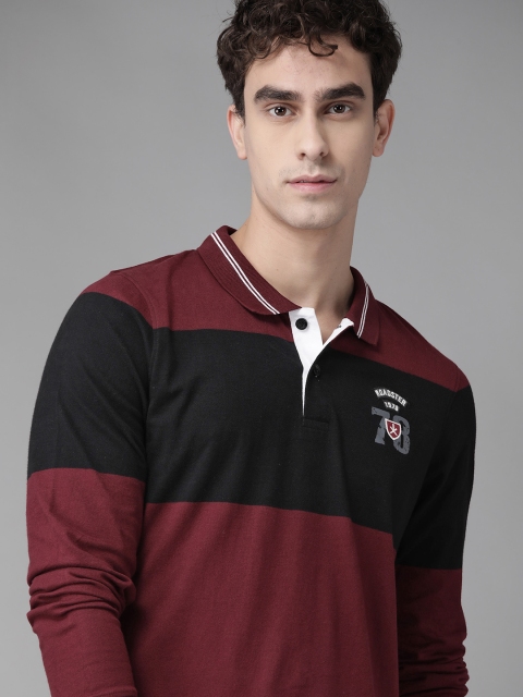 

Roadster Men Maroon & Black Colourblocked Pure Cotton Polo Collar T-shirt