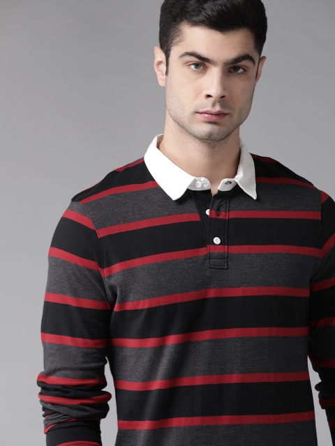 

Roadster Men Charcoal Grey & Black Striped Polo Collar T-shirt