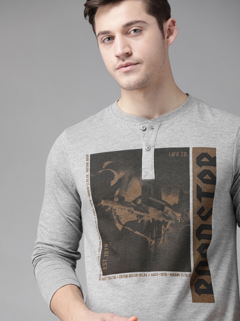 

Roadster Men Grey Melange & Brown Pure Cotton Printed Henley Neck T-shirt