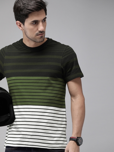 

Roadster Men Olive Green & White Striped Round Neck T-shirt