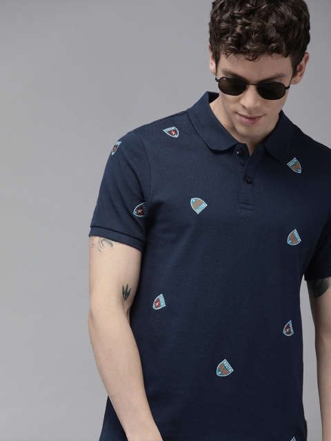 

Roadster Men Navy Blue Embroidered Polo Collar T-shirt