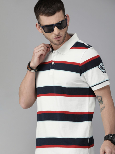 

Roadster Men White Navy Blue Striped Polo Collar Pure Cotton T-shirt