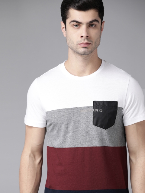

Roadster Men White & Maroon Striped Pure Cotton Round Neck T-shirt