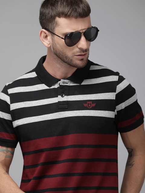 

Roadster Men Black & Maroon Striped Polo Collar T-shirt