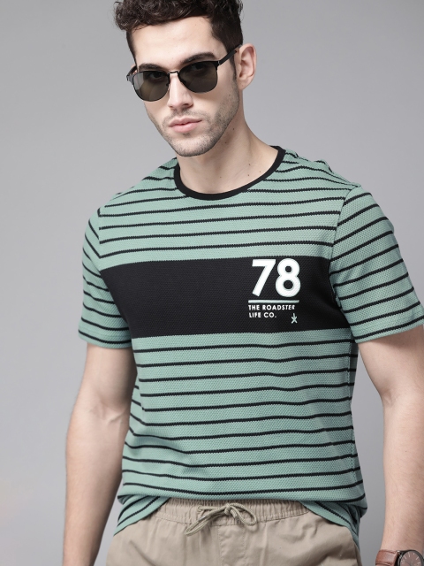 

Roadster Men Sea Green & Black Pure Cotton Striped Round Neck T-shirt