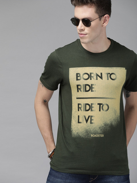 

Roadster Men Olive Green Printed Round Neck T-shirt