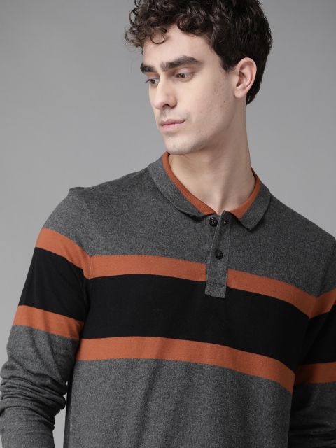 

Roadster Men Charcoal Grey & Black Striped Polo Collar T-shirt