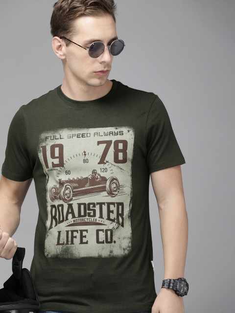 

Roadster Men Olive Green Printed Round Neck T-shirt