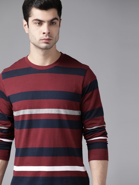 

Roadster Men Maroon & Navy Blue Striped Round Neck Pure Cotton T-shirt