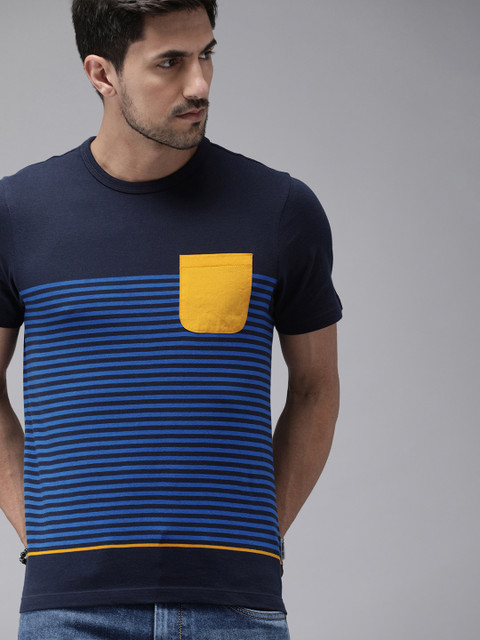 

Roadster Men Navy Blue Striped Round Neck Pure Cotton T-shirt with Pocket