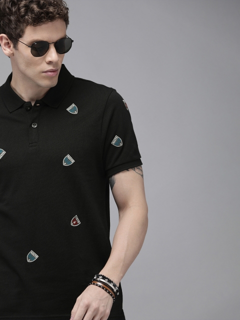 

Roadster Men Black Embroidered Polo Collar Pure Cotton T-shirt