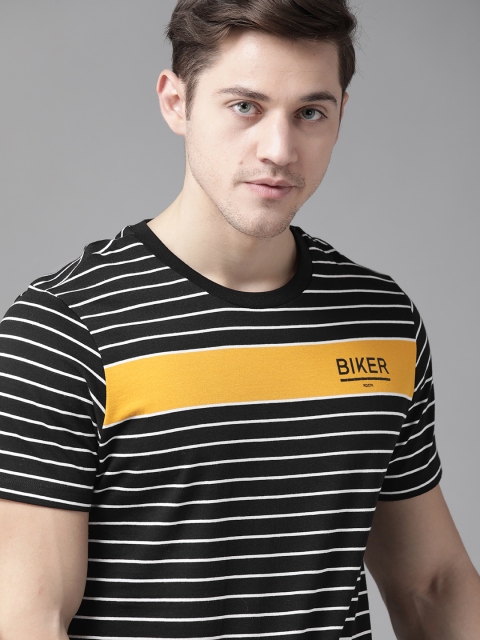 

Roadster Men Black & White Pure Cotton Striped Round Neck T-shirt