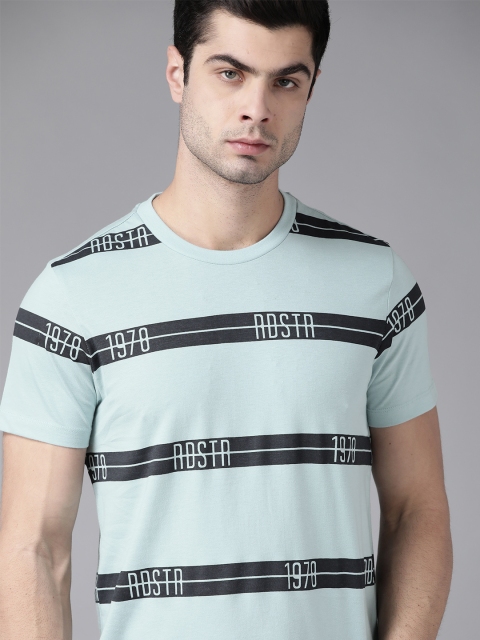 

Roadster Men Blue & Black Striped Pure Cotton Round Neck T-shirt