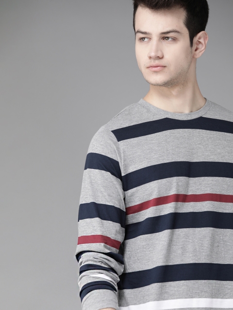 

Roadster Men Grey Melange & Navy Blue Striped Round Neck T-shirt