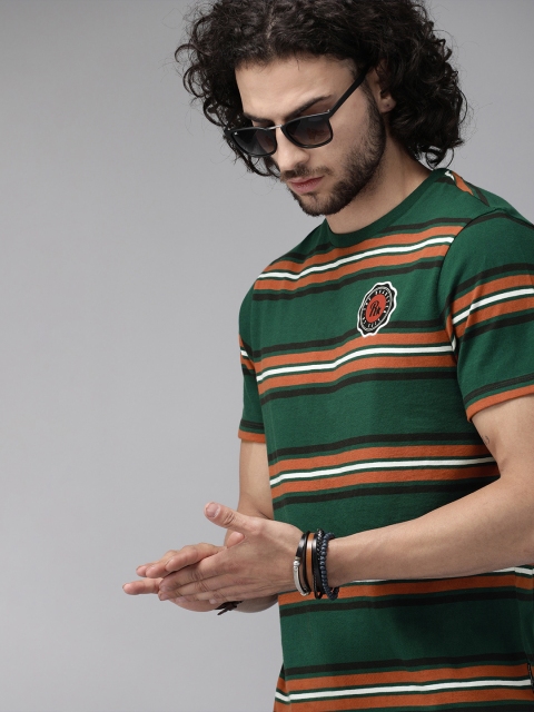 

Roadster Men Green & Rust Striped Round Neck T-shirt
