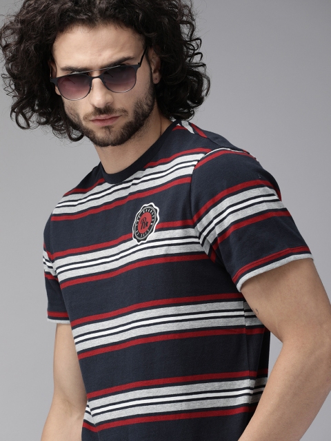 

Roadster Men Navy Blue Striped Round Neck T-shirt