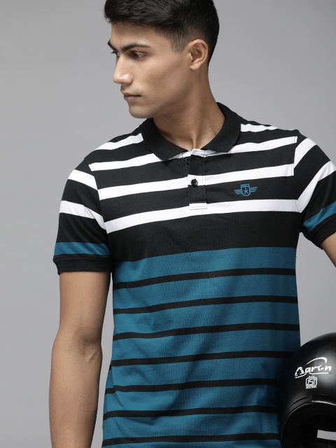 

Roadster Men Blue Black Striped Polo Collar Pure Cotton T-shirt