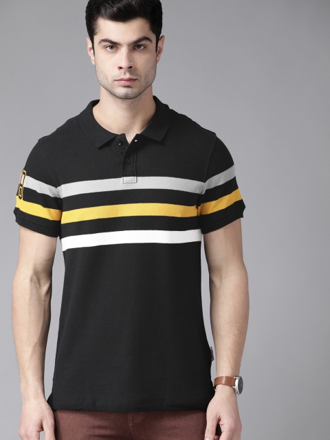 

Roadster Men Black & White Striped Pure Cotton Polo Collar T-shirt