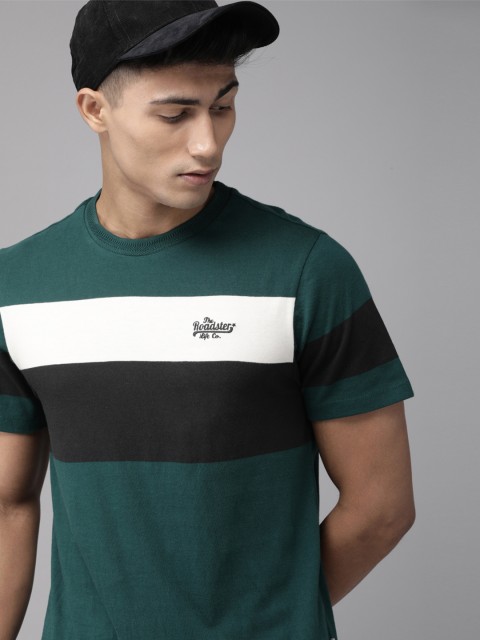 

Roadster Men Green Striped Round Neck T-shirt