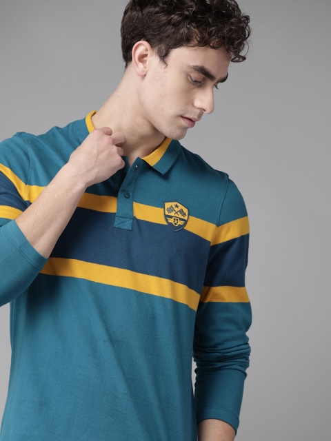 

Roadster Men Blue & Yellow Striped Pure Cotton Polo Collar T-shirt