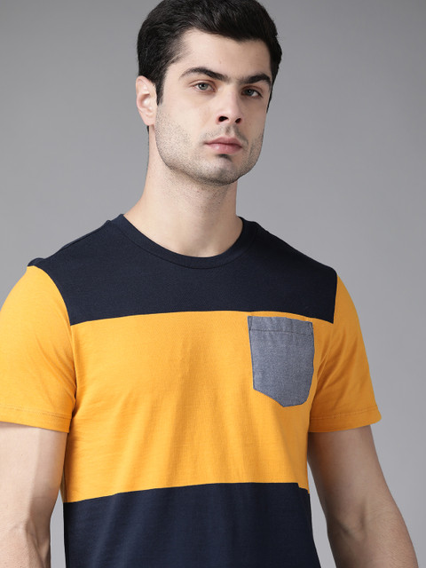 

Roadster Men Navy Blue & Mustard Yellow Colourblocked Round Neck Pure Cotton T-shirt