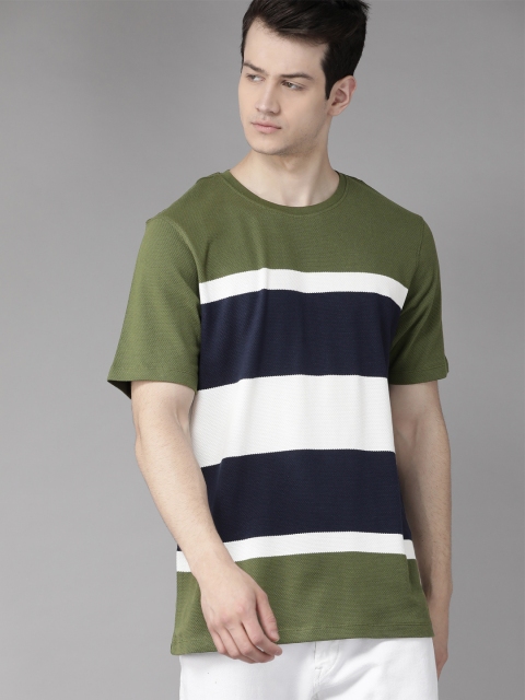 

Roadster Men Olive Green & Navy Blue Pure Cotton Striped Round Neck T-shirt