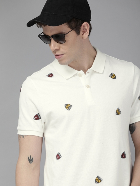 

Roadster Men White Embroidered Polo Collar Pure Cotton T-shirt
