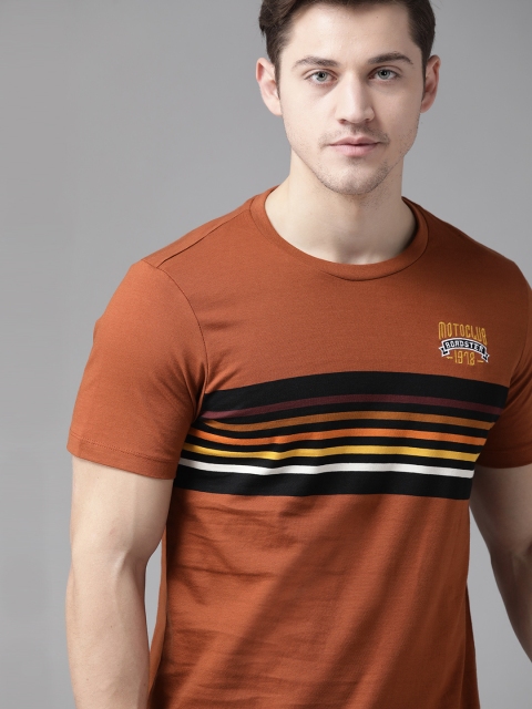 

Roadster Men Rust Orange & Black Pure Cotton Striped Round Neck T-shirt