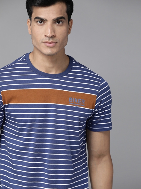 

Roadster Men Blue & White Pure Cotton Striped Round Neck T-shirt