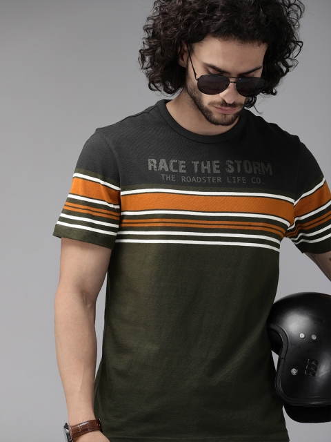 

Roadster Men Olive Green & Mustard Yellow Printed Round Neck T-shirt