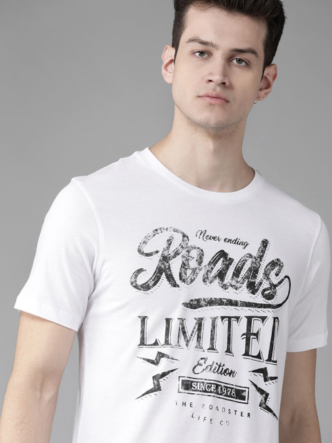 

Roadster Men White & Black Brand Logo Printed Round Neck T-shirt
