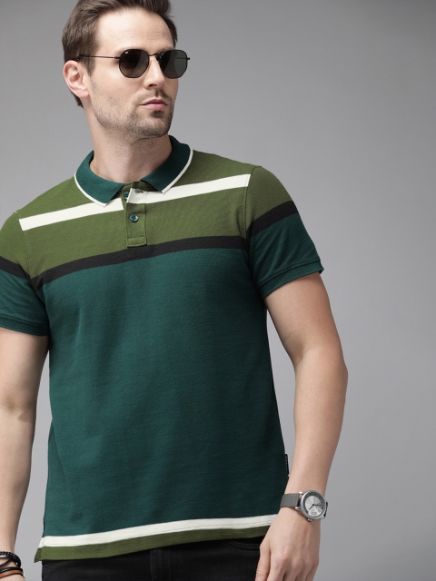 

Roadster Men Green Striped Polo Collar Pure Cotton T-shirt