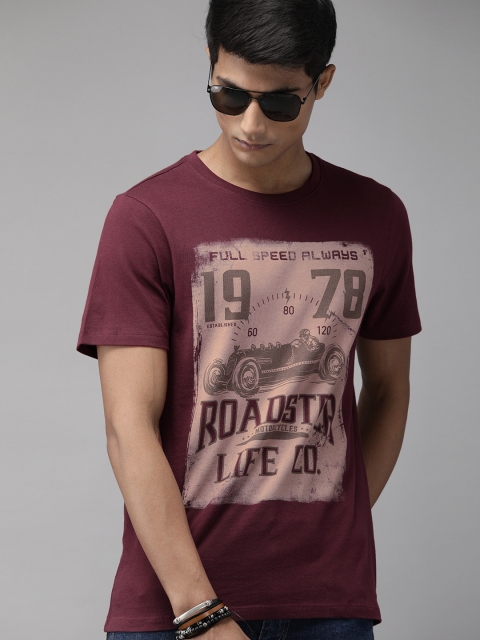 

Roadster Men Burgundy Brand Logo Printed Round Neck Pure Cotton T-shirt